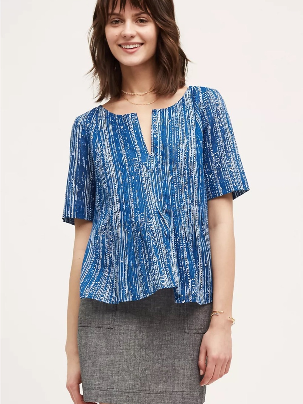 Anthropologie Blue Printed Split-Neck Short Sleeve Top